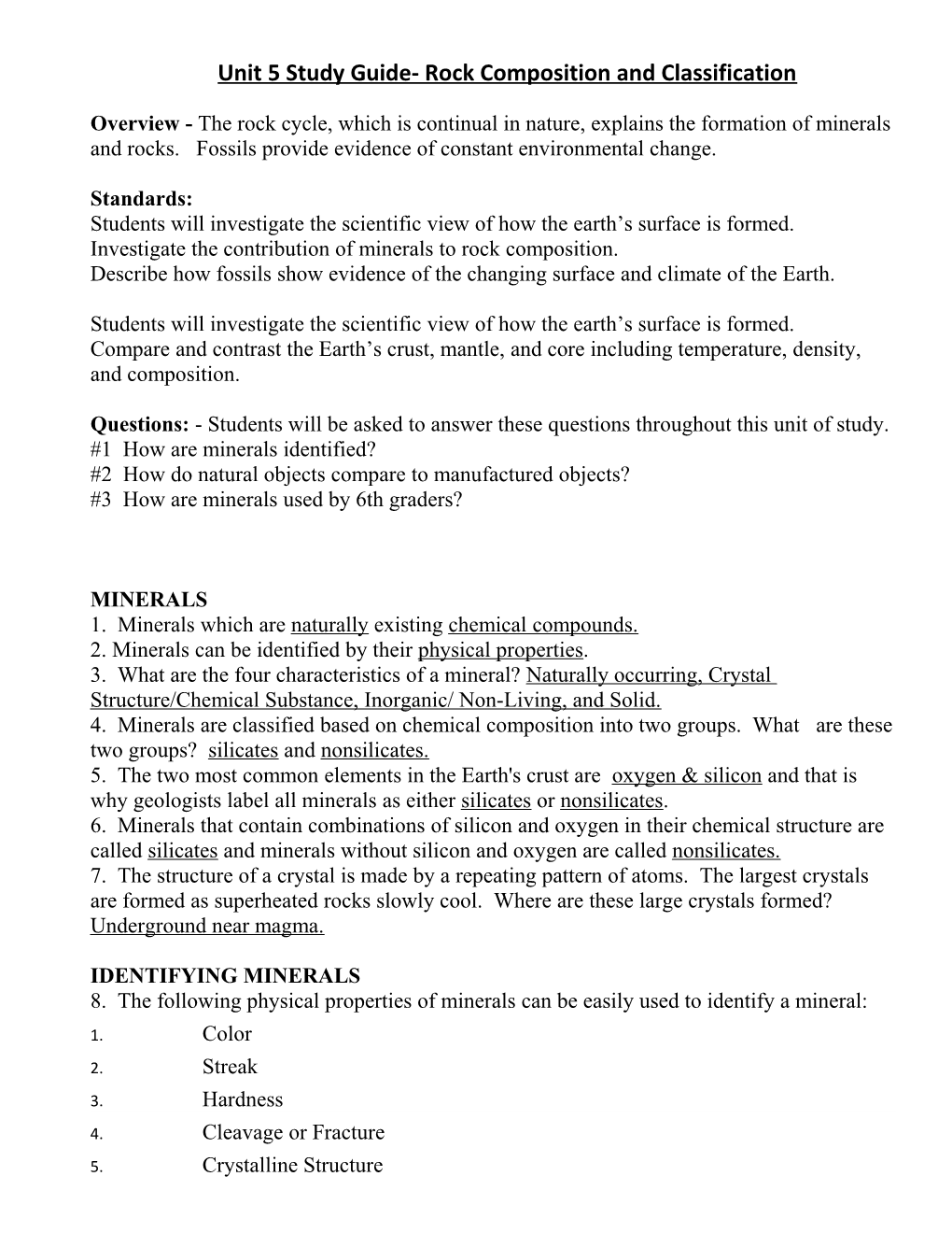 Unit 5 Study Guide- Rock Composition and Classification