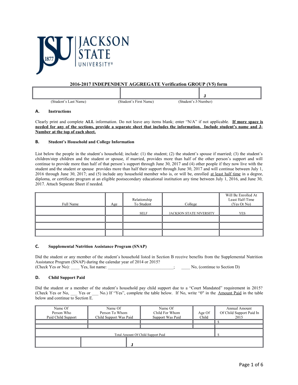 2016-2017 INDEPENDENT AGGREGATE Verification GROUP (V5) Form