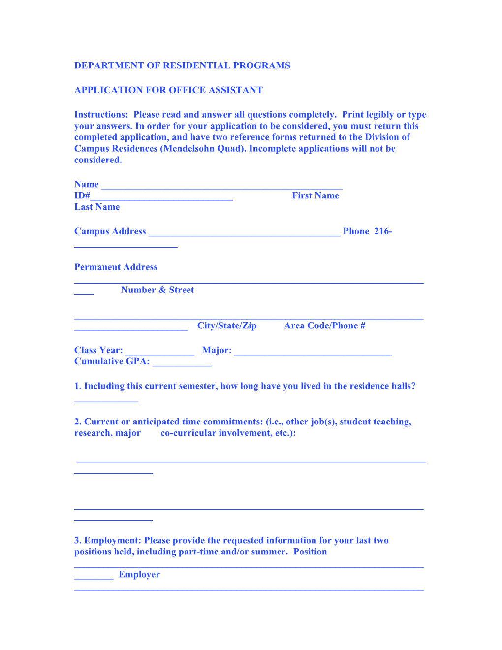 Application for Office Assistant
