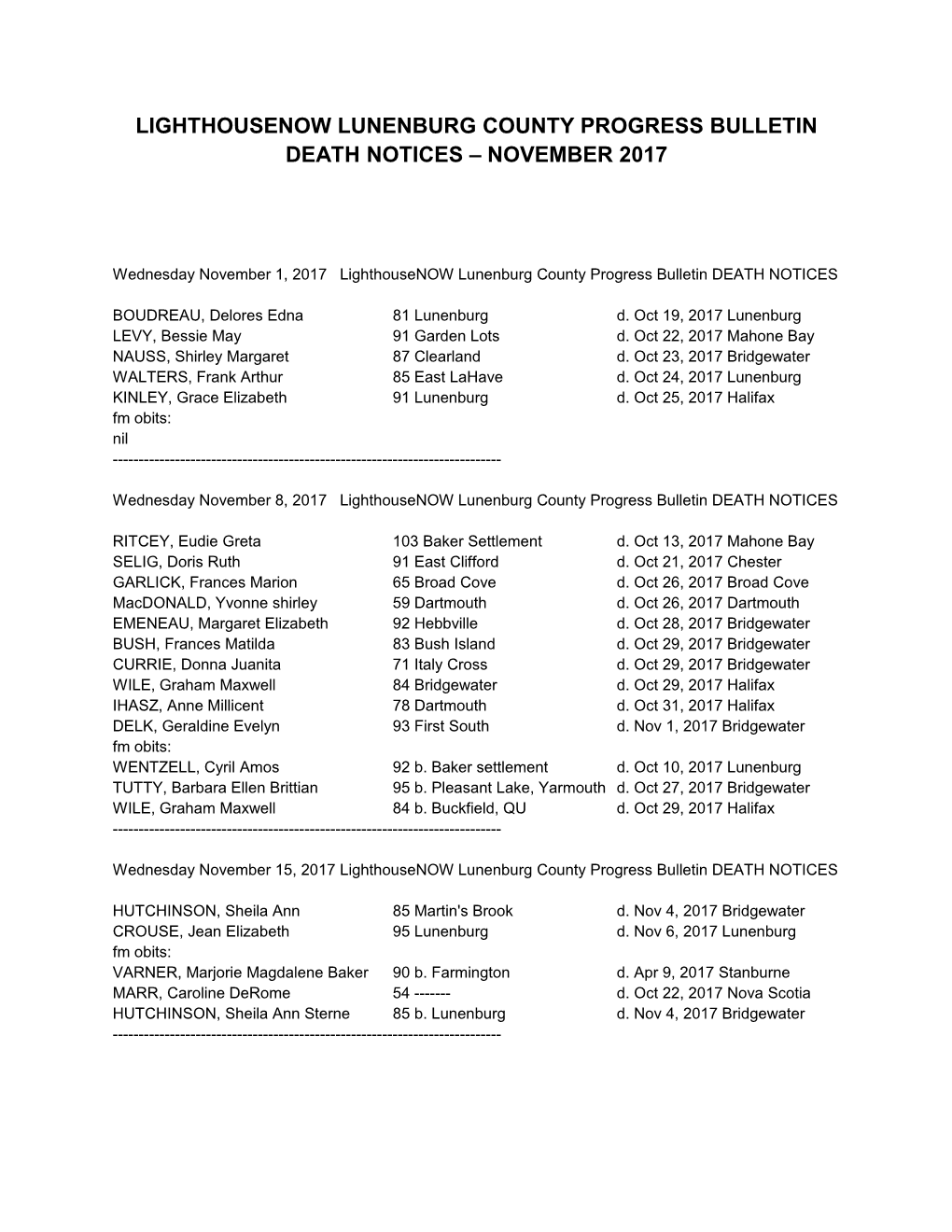 Lighthousenow Lunenburg County Progress Bulletin Death Notices November 2017
