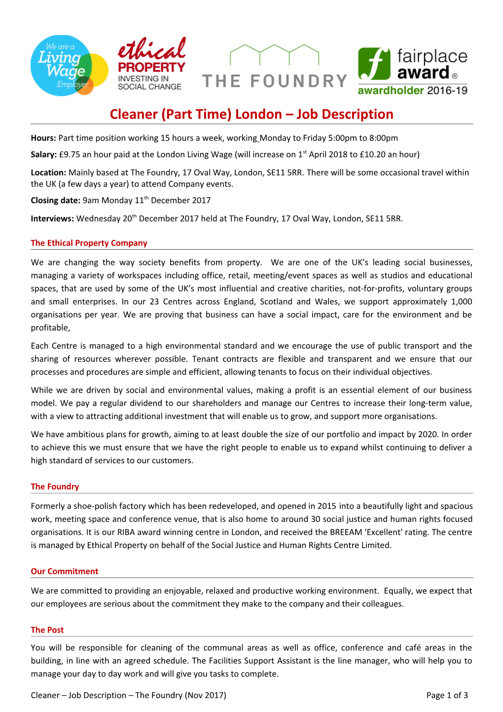 Cleaner(Part Time) London Job Description