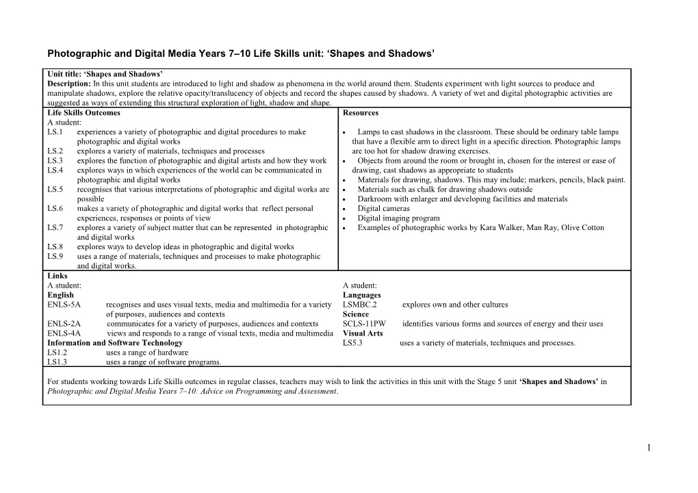 Photographic and Digital Media Years 7 10 Life Skills Unit: Shapes and Shadows