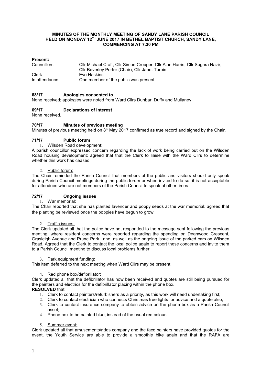 MINUTES of the MONTHLY MEETING of SANDY LANE Parish Council