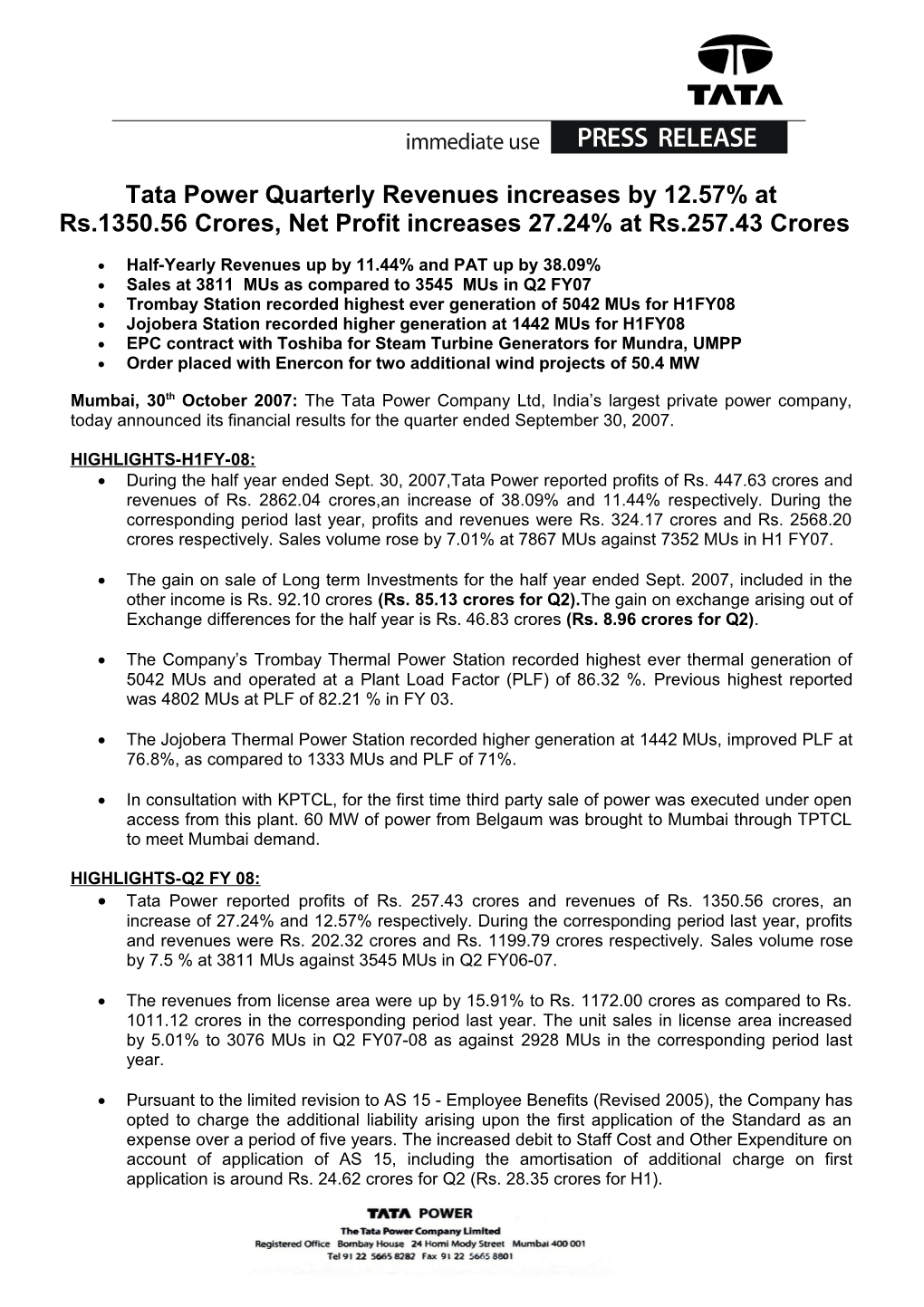 Tata Power Q2 Results