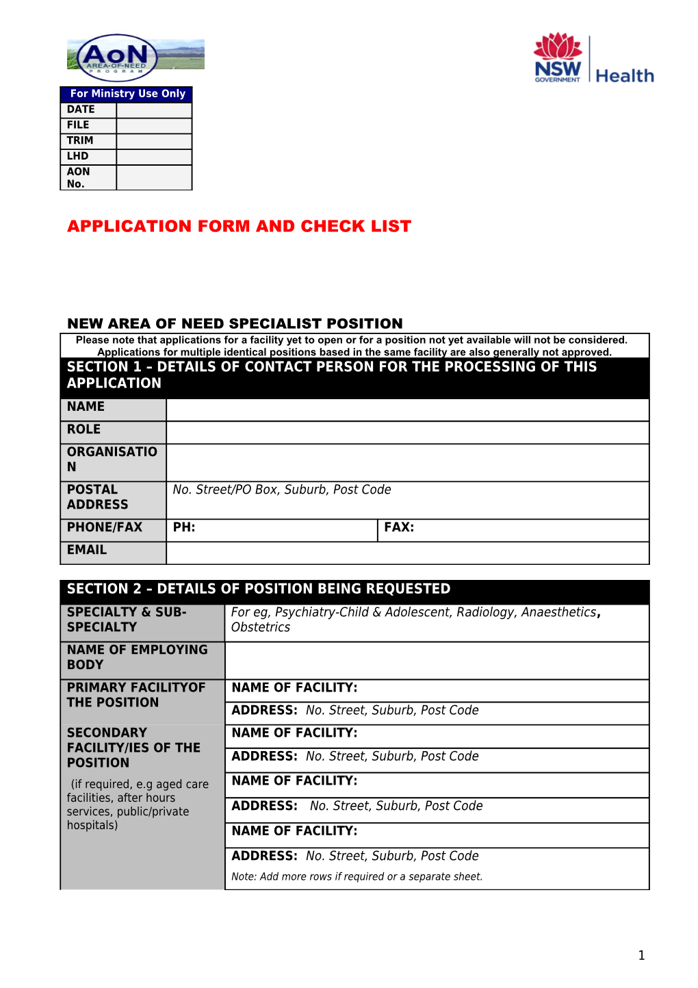 Application to Obtain Area of Need Status for a Vacant Specialist Position