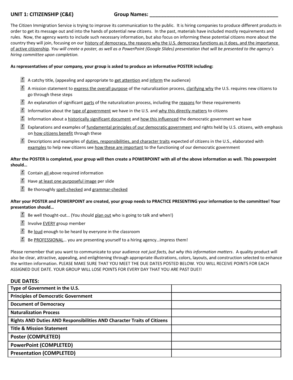 UNIT 1: CITIZENSHIP (C&E)Group Names: ______