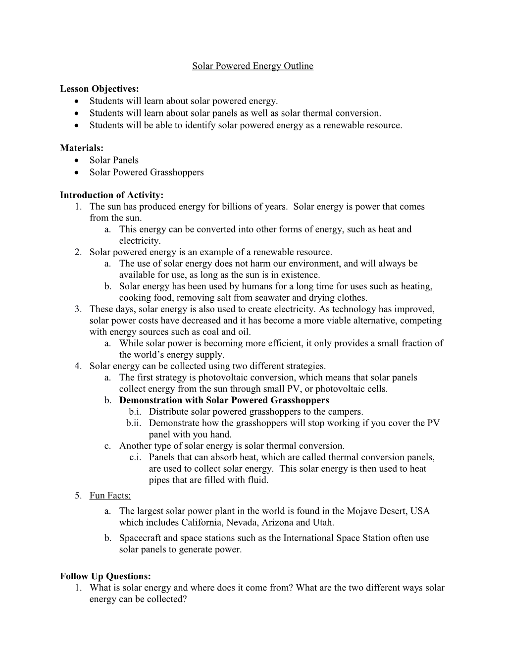 Solar Powered Energy Outline