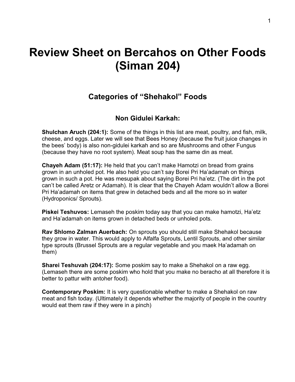 Review Sheet on Bercahos on Other Foods (Siman 204)