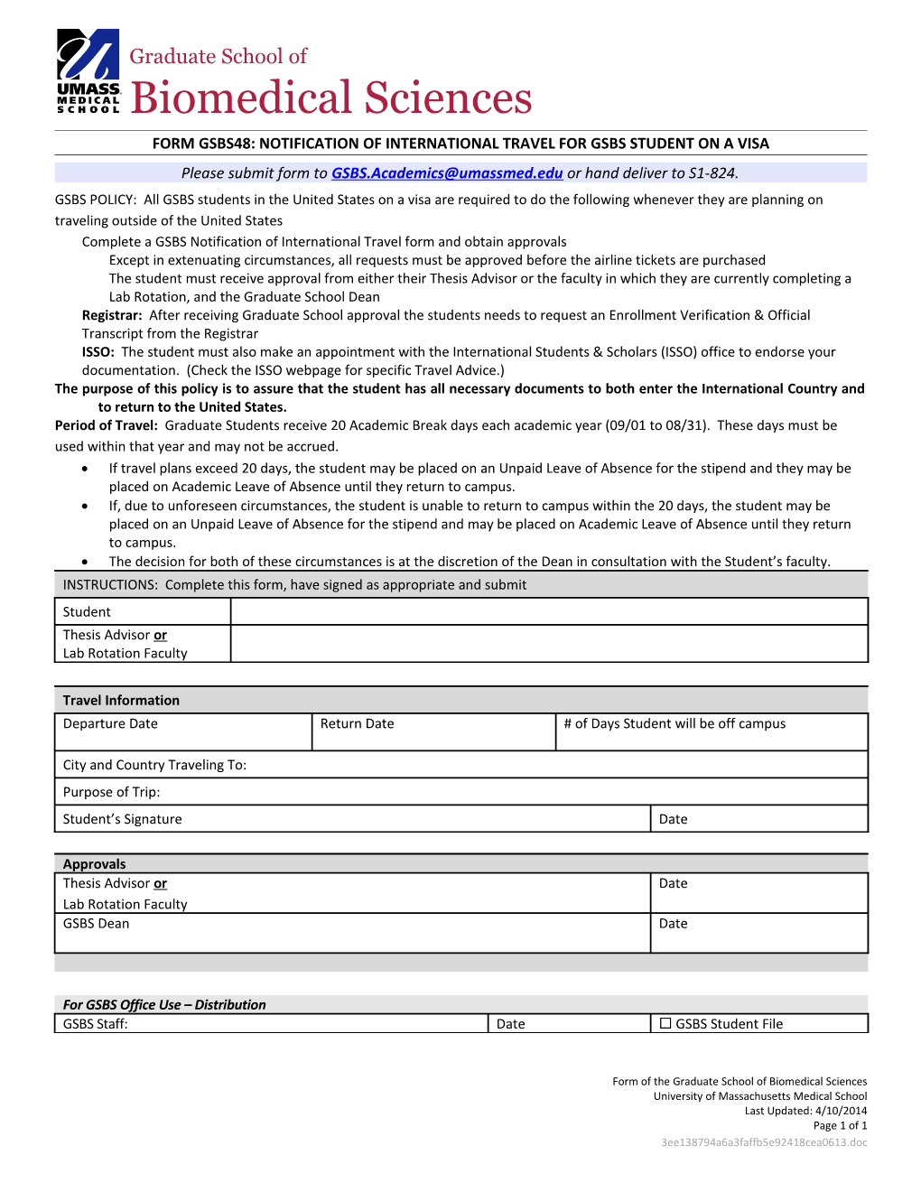 Form Gsbs48: Notification of International Travel for Gsbs Student on a Visa