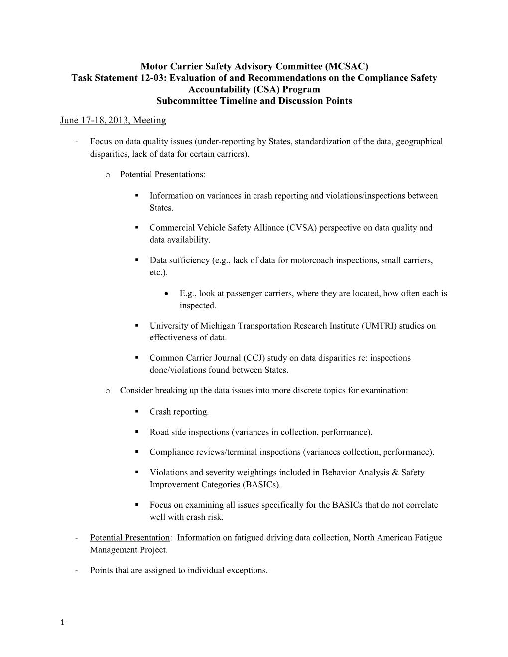 Subcommittee Timeline and Discussion Points