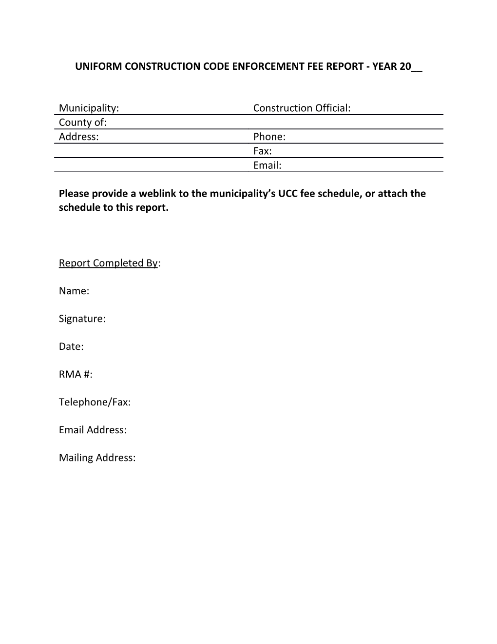 Uniform Construction Code Enforcement Fee Report - Year 20__