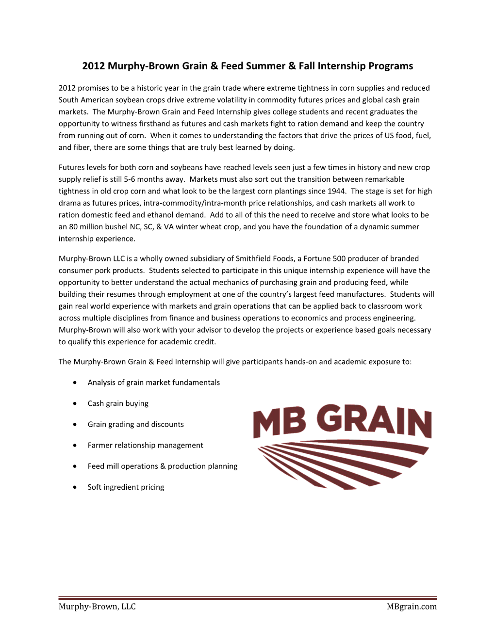 2012 Murphy-Brown Grain & Feed Summer & Fall Internship Programs