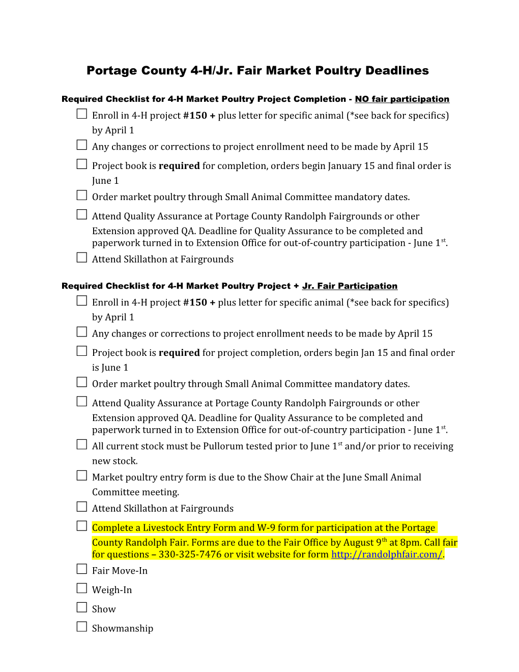 Portage County 4-H/Jr. Fair Market Poultry Deadlines