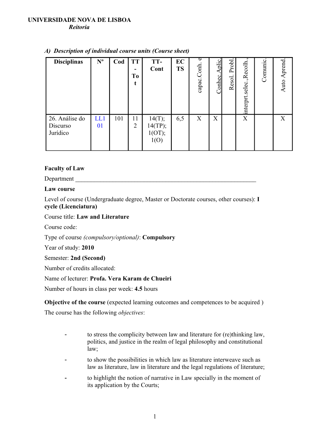 A)Description of Individual Course Units (Course Sheet)