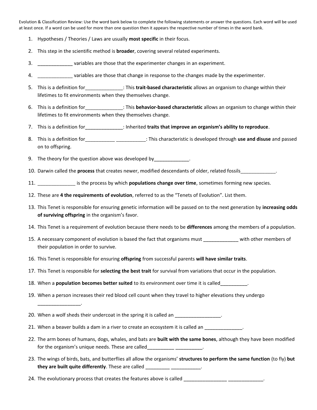 Evolution & Classification Review: Use the Word Bank Below to Complete the Following Statements