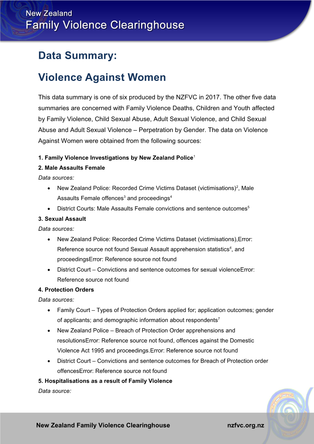 NZFVC Data Summary: Violence Against Women