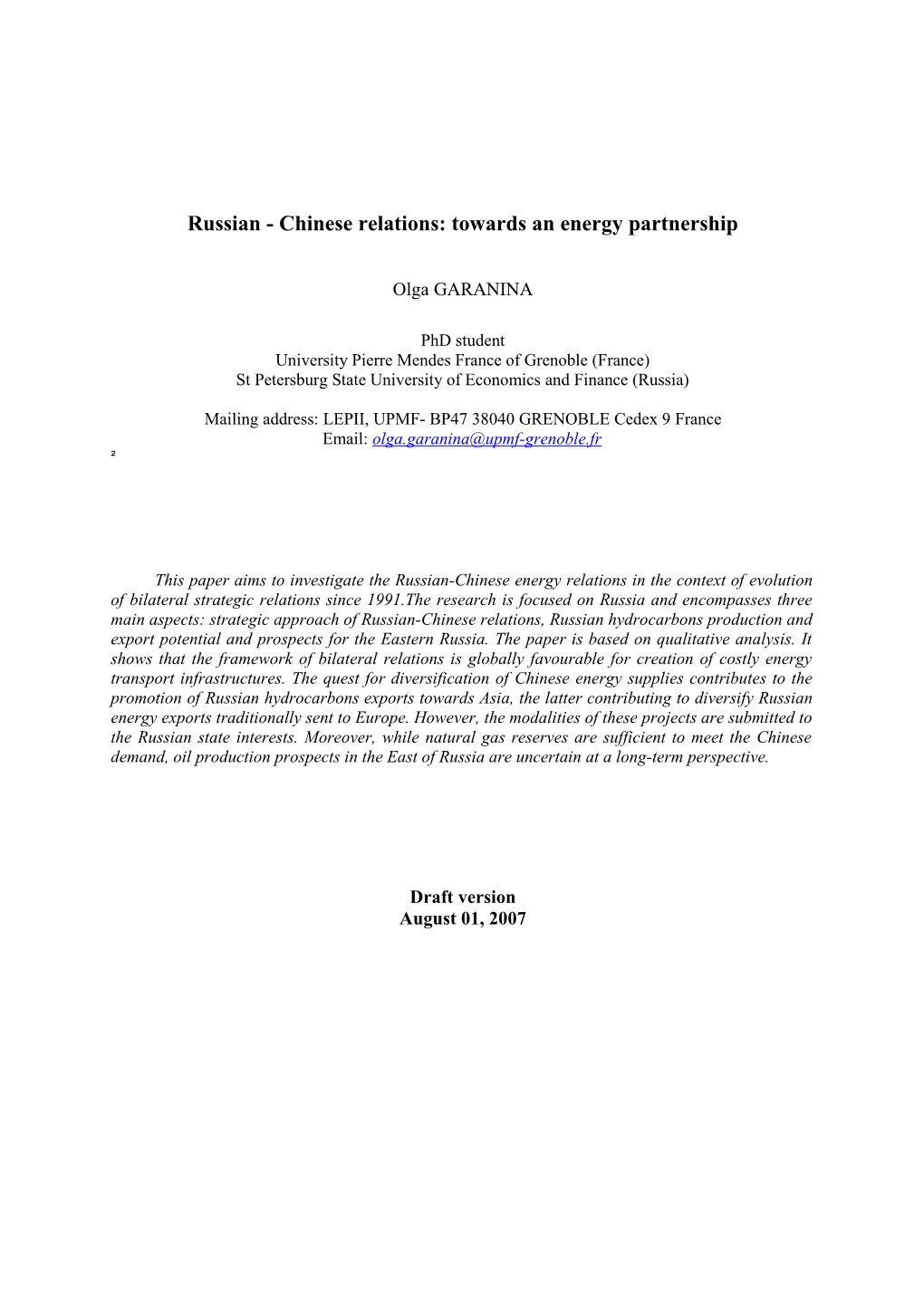 Russian - Chinese Relations: Towards an Energy Partnership