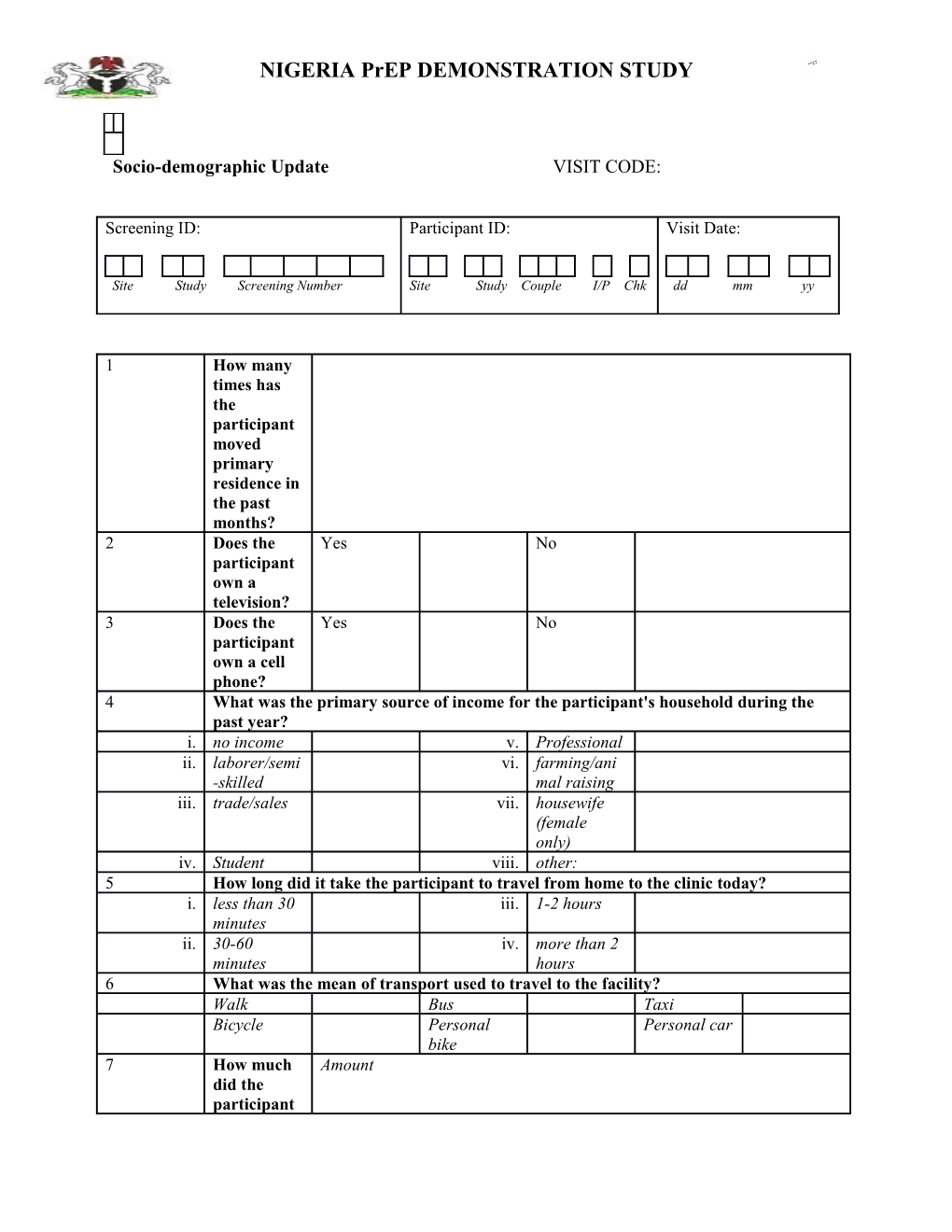 Socio-Demographic Update VISIT CODE