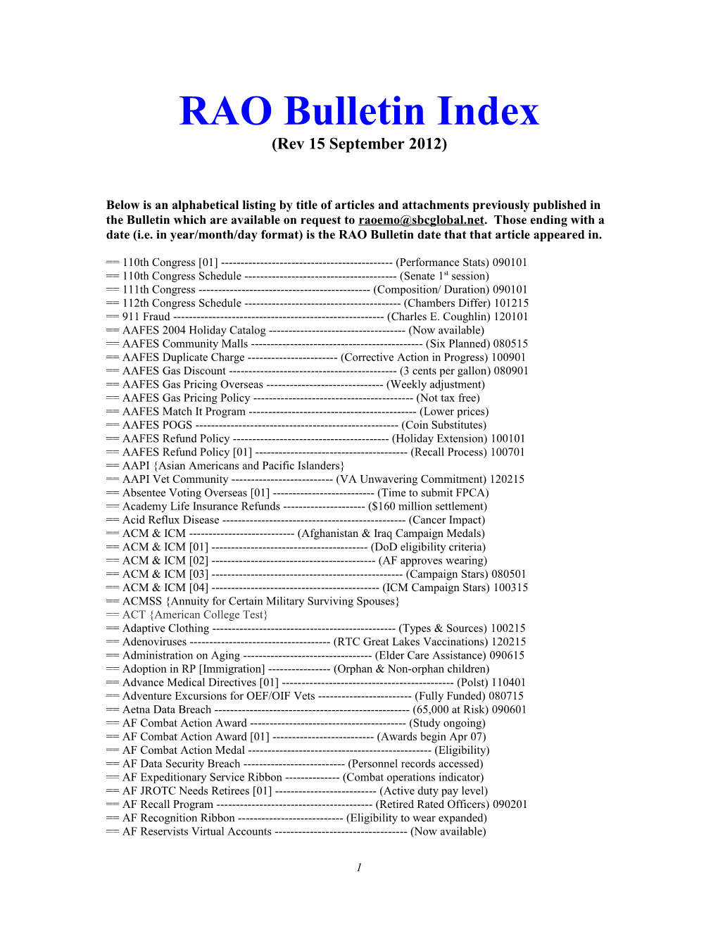 RAO Bulletin Index