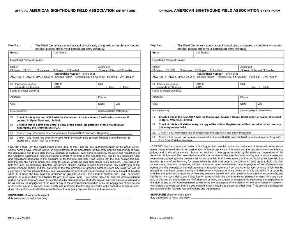 Official American Sighthound Field Association Entry Form