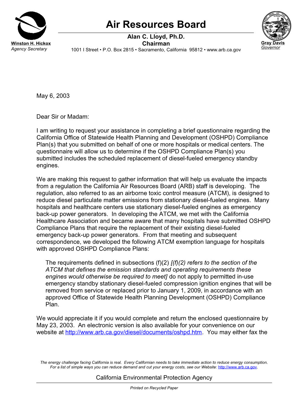 OSHPD Plan Questionnaire Cover Letter