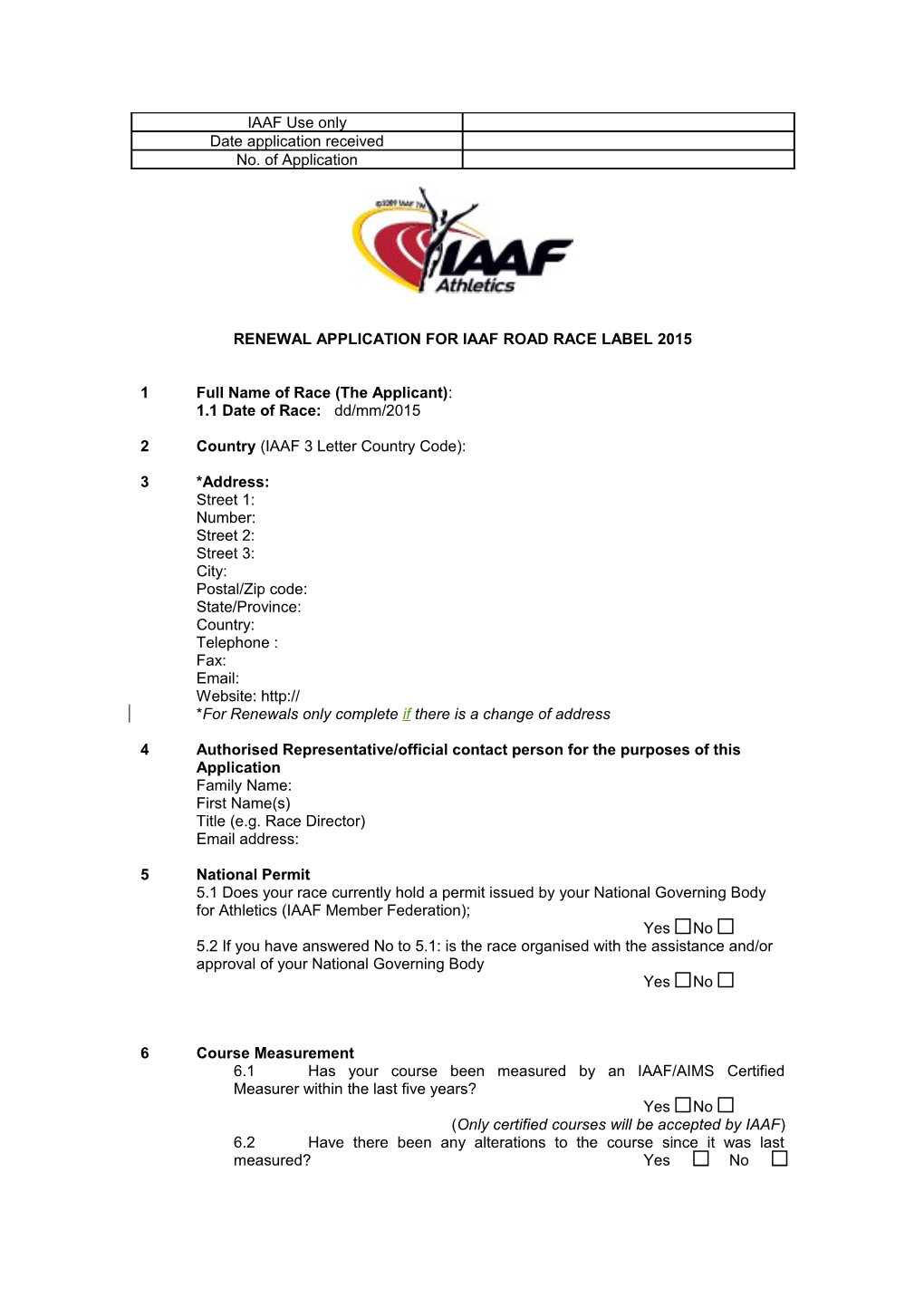 IAAF Use Only