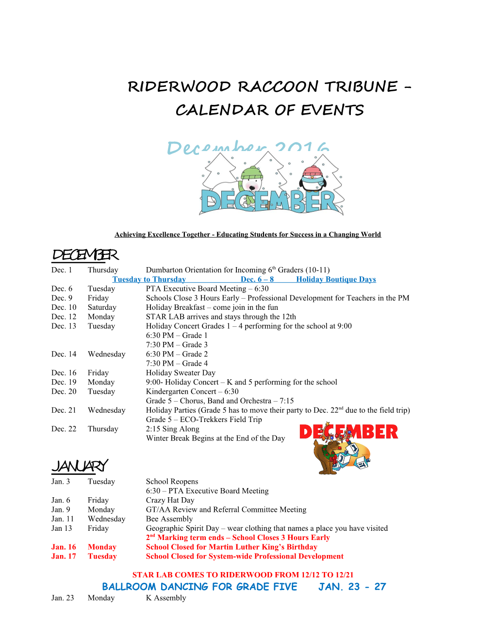 Riderwood Raccoon Tribune - Calendar of Events