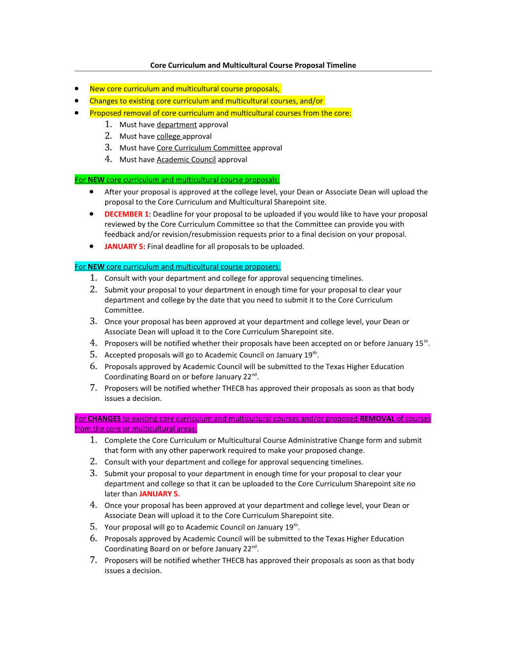 Core Curriculum and Multicultural Course Proposal Timeline