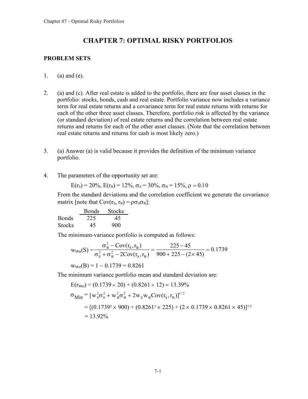 Chapter 8 : Optimal Risky Portfolios