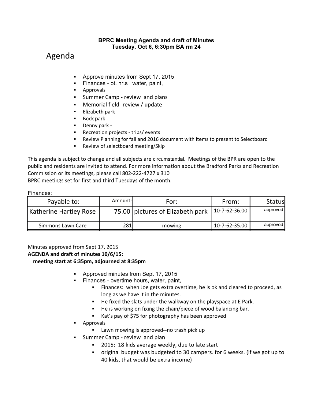 BPRC Meeting Agenda and Draft of Minutes