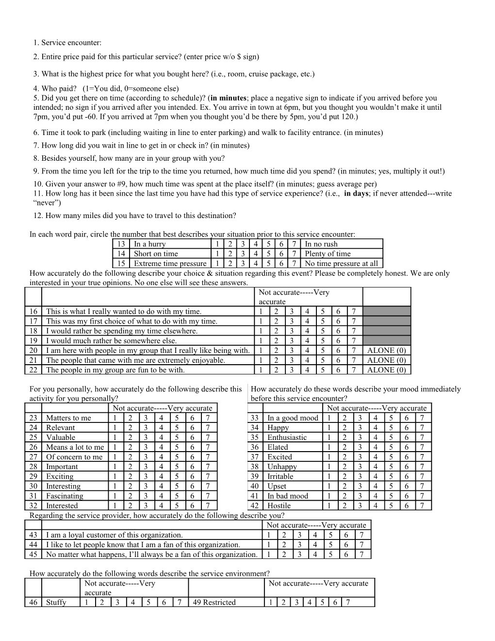 In Each Word Pair, Circle the Number That Best Describes Your Situation Prior to This Service