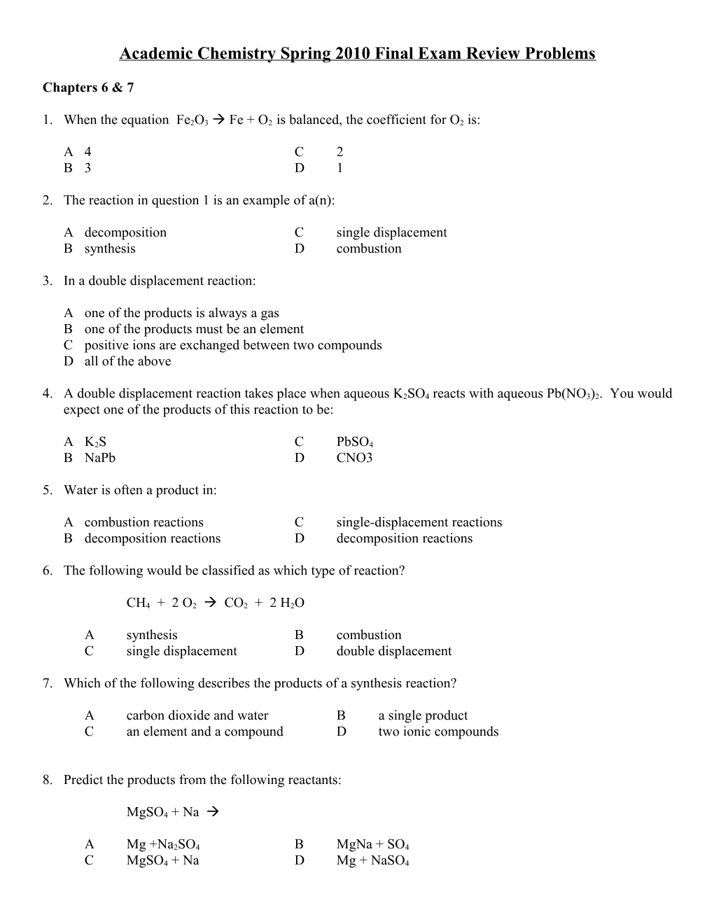 Spring 2004 Final Exam Review Problems