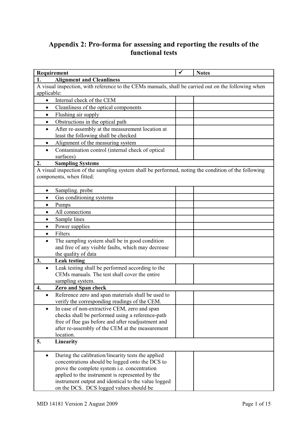 Appendix 2:Pro-Forma for Assessing and Reporting the Results of the Functional Tests