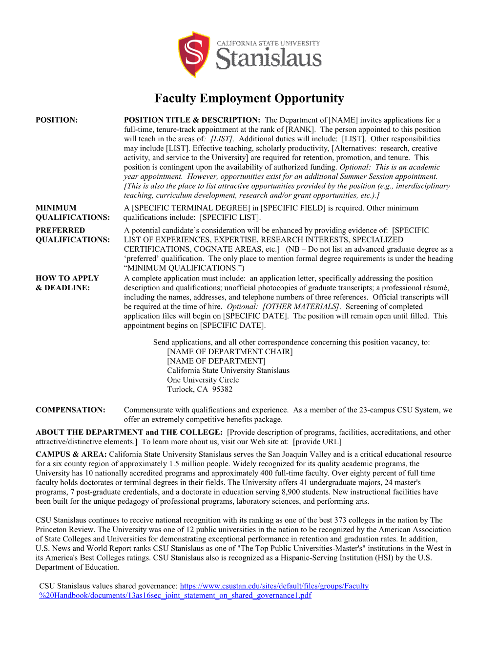 Faculty Employment Opportunity