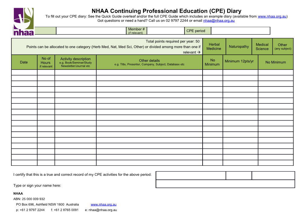 Continuing Professional Education Diary