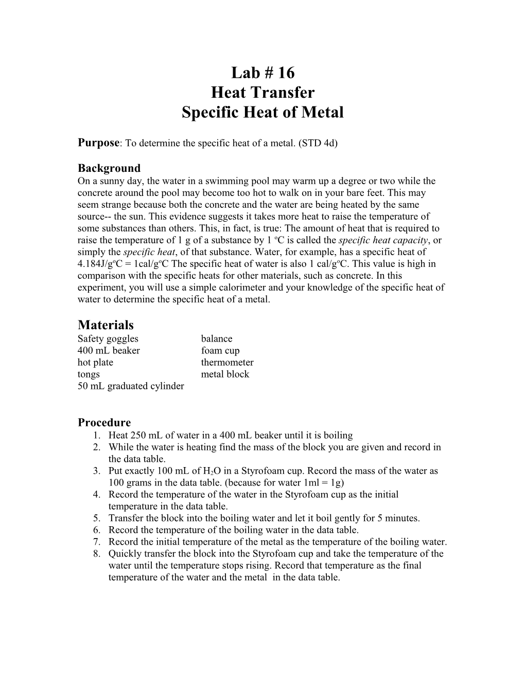 Specific Heat of Metal
