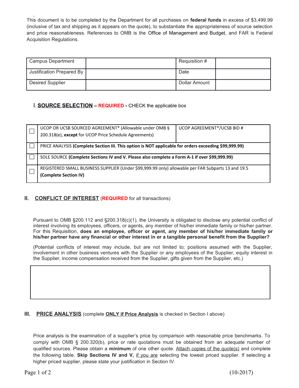 Source Selection & Price Reasonableness Form