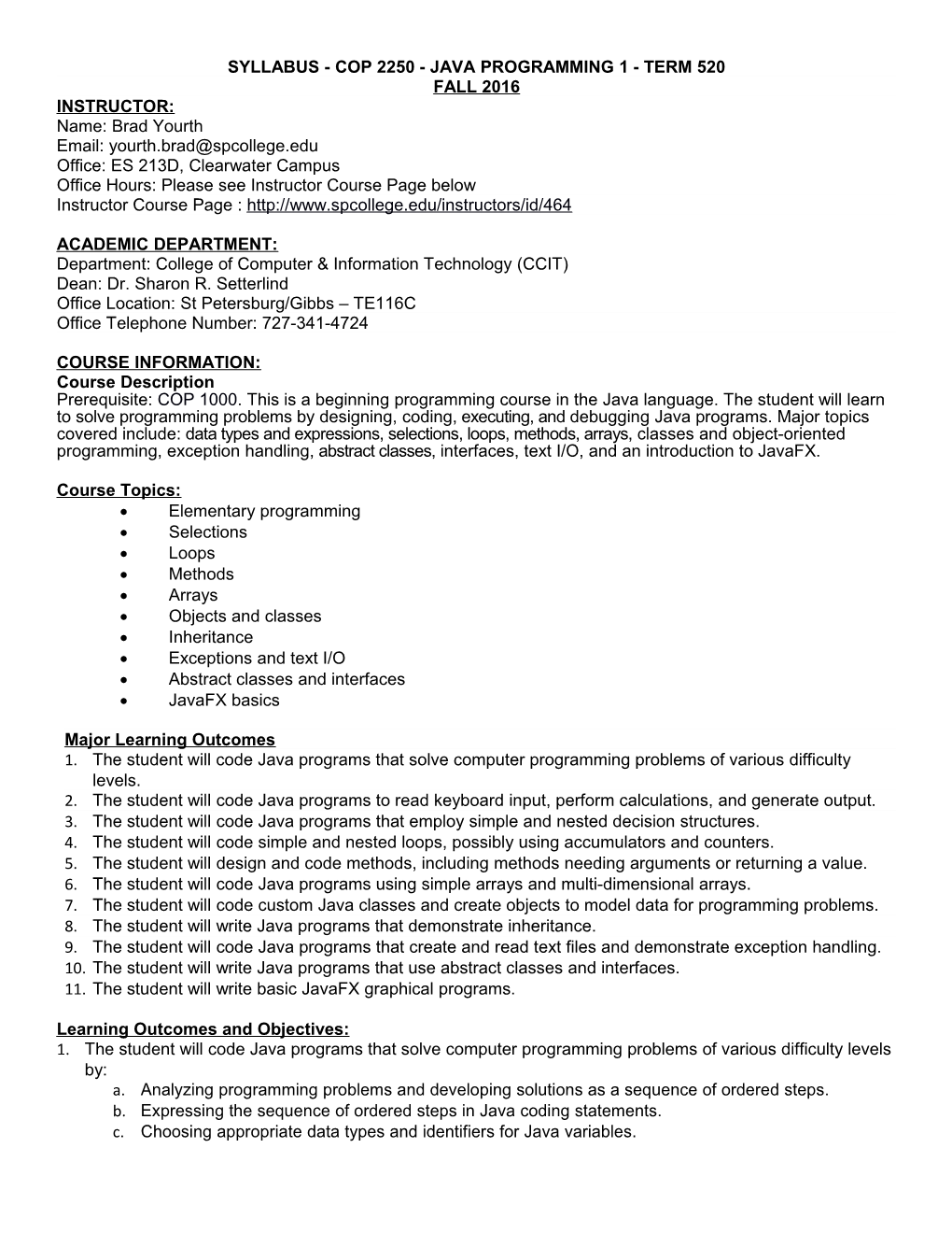 Syllabus - Cop 2250 - Java Programming 1 - Term 520