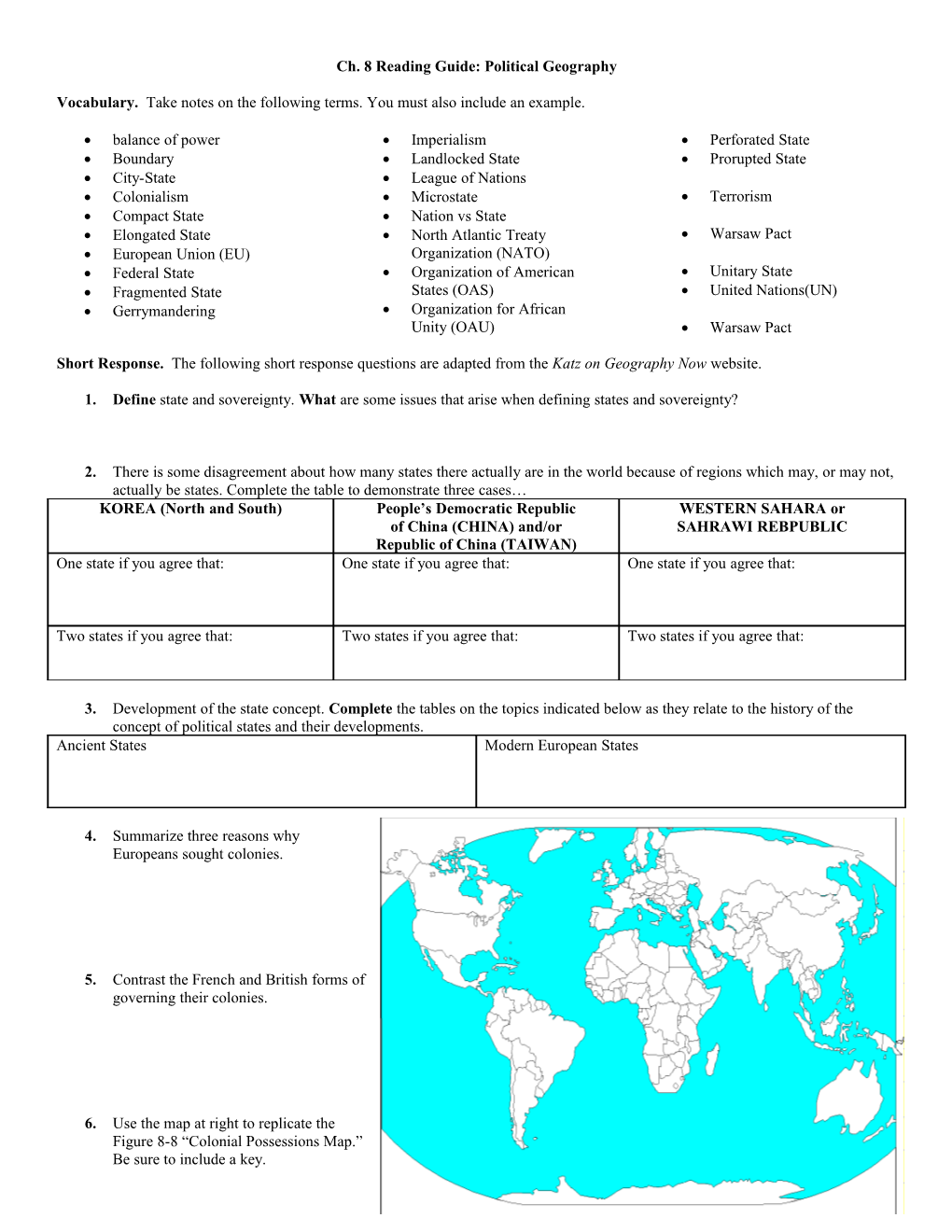 Ch. 8 Reading Guide: Political Geography