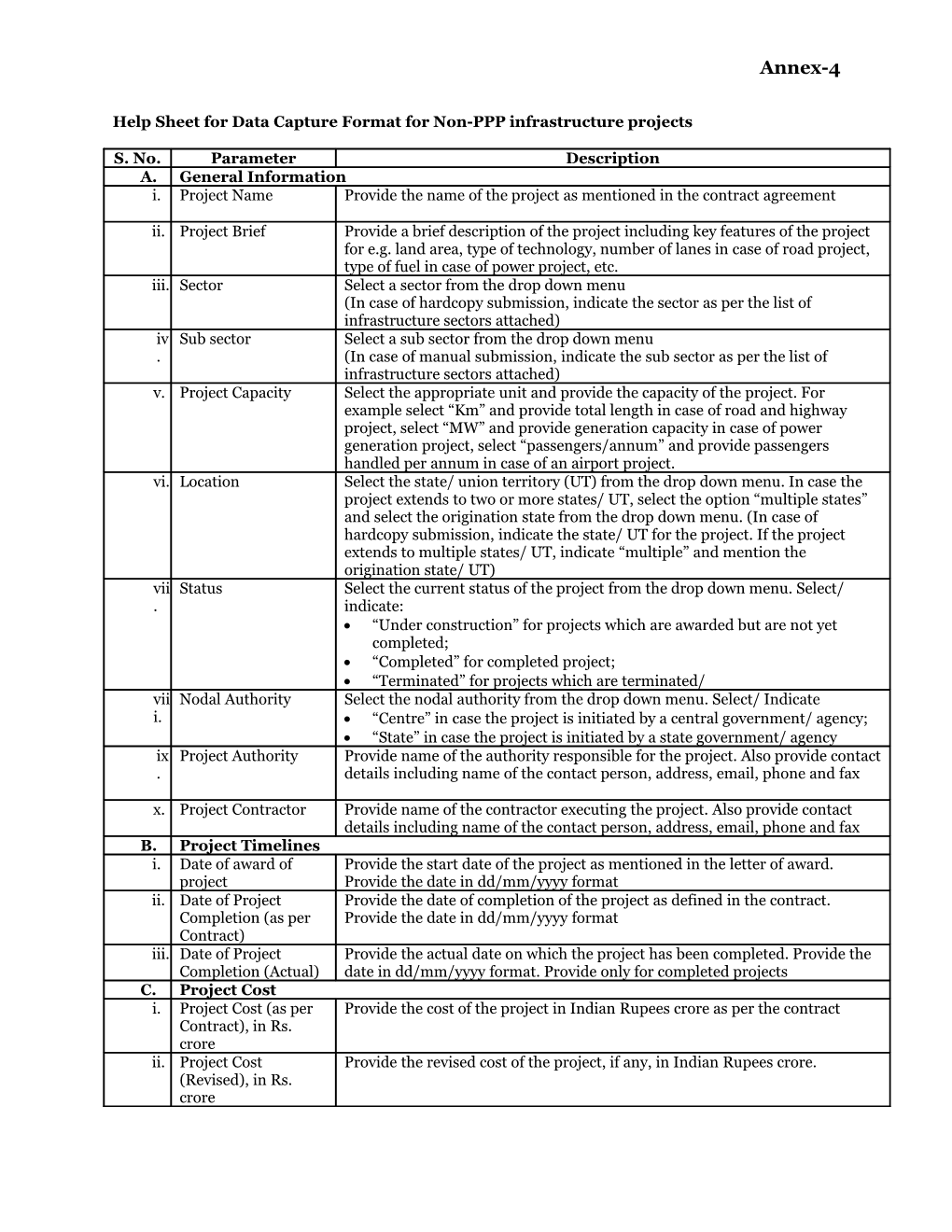 Help Sheet for Data Capture Format for Non-PPP Infrastructure Projects