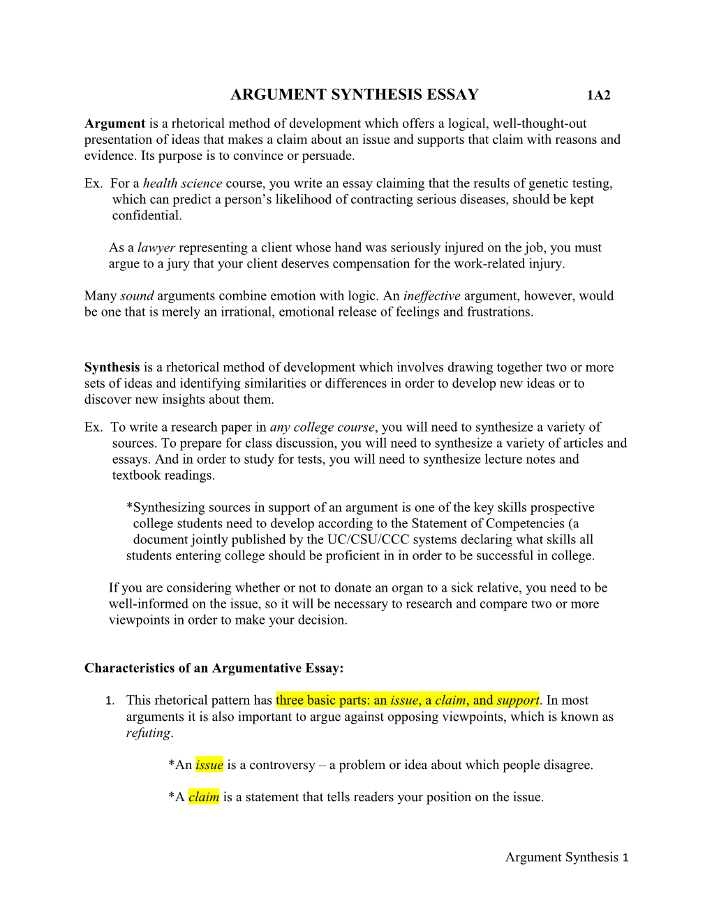 Argument Synthesis Essay 1A2