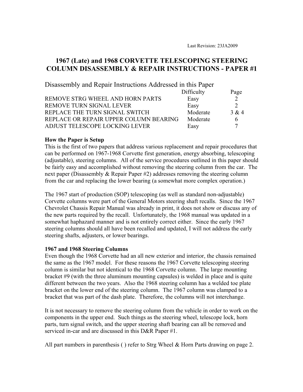 1967 (Late) and 1968 CORVETTE TELESCOPING STEERING COLUMN DISASSEMBLY & REPAIR INSTRUCTIONS