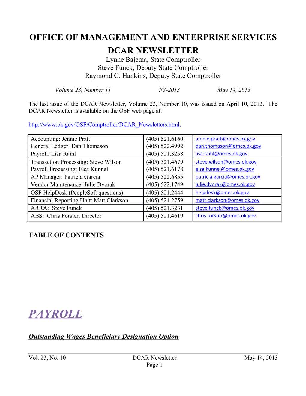 Office of Management and Enterprise Services, DCAR Newsletter, May 2013