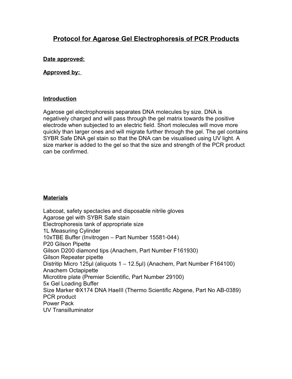 Protocol for Agarose Gel Electrophoresis of PCR Products