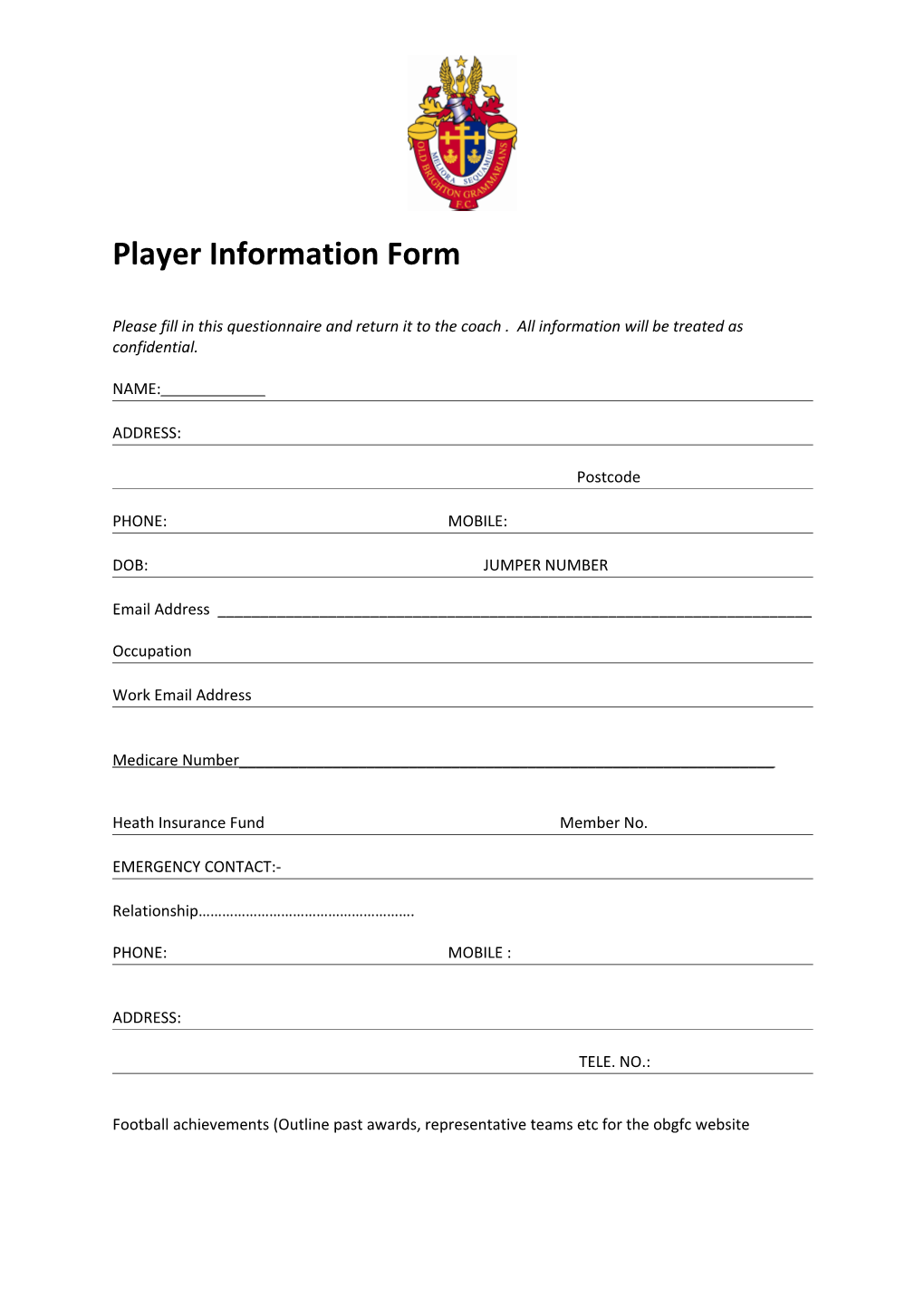 Player Information Form