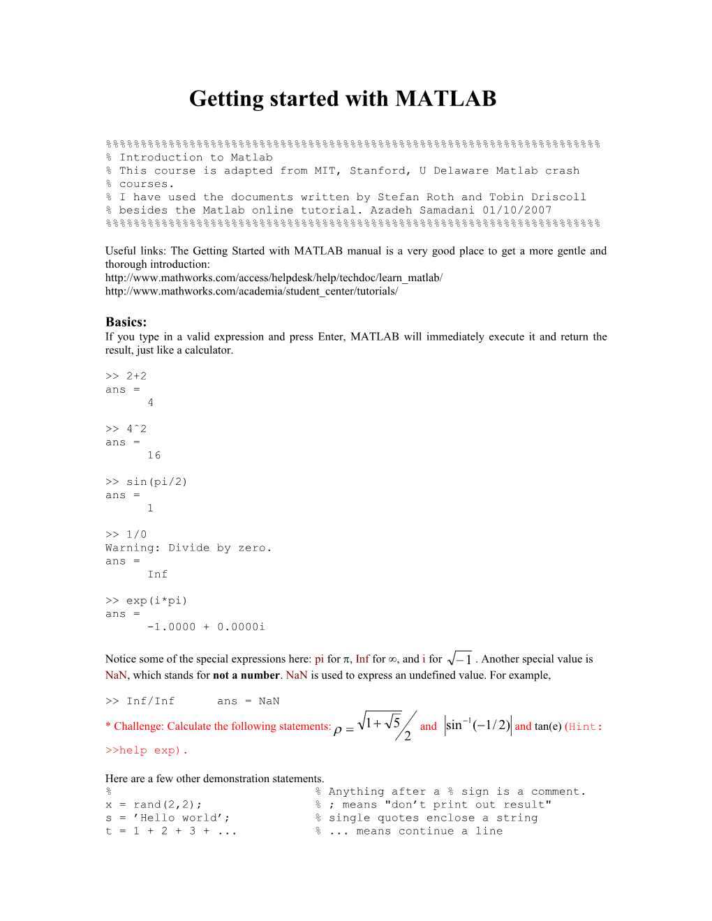 Getting Started with MATLAB