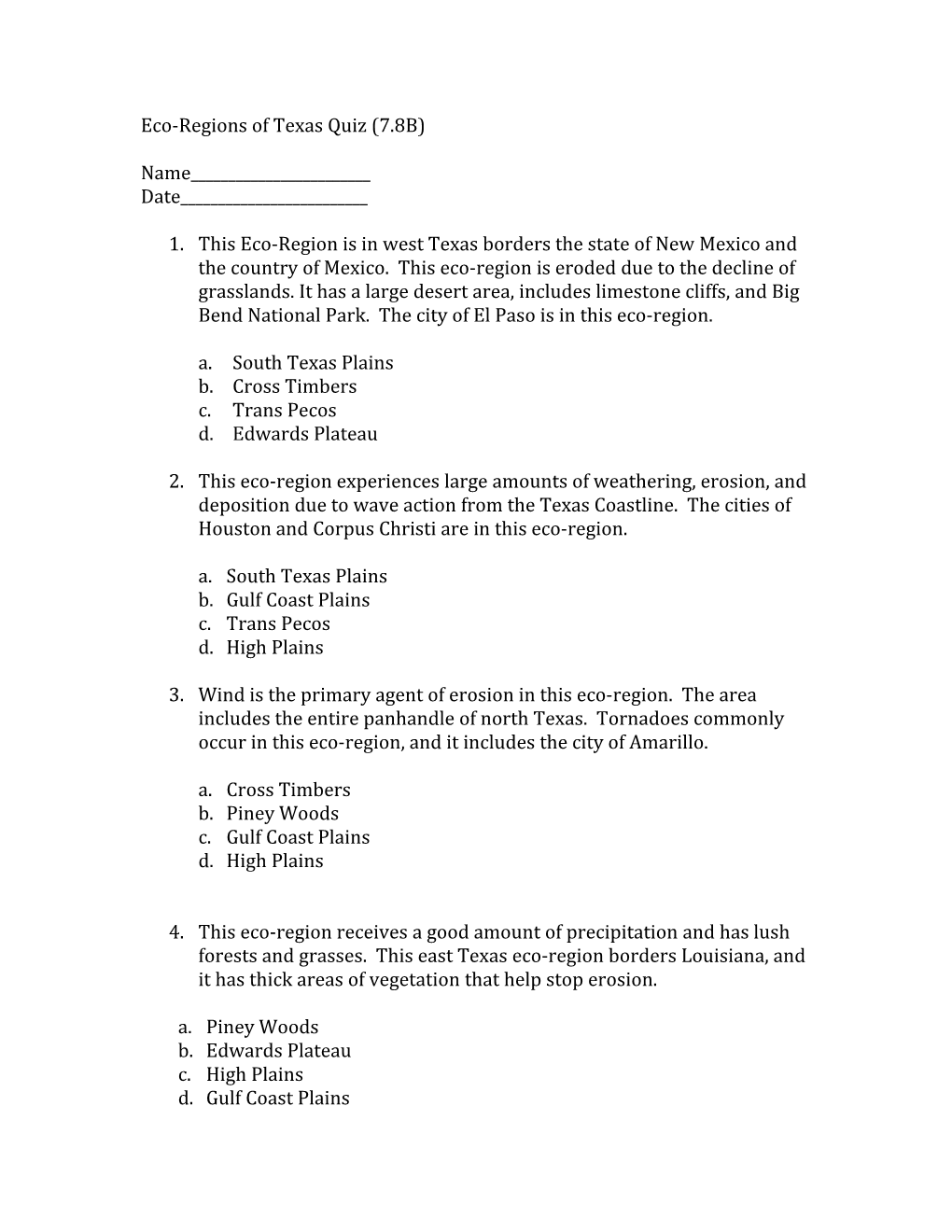 Eco-Regions of Texas Quiz (7.8B)