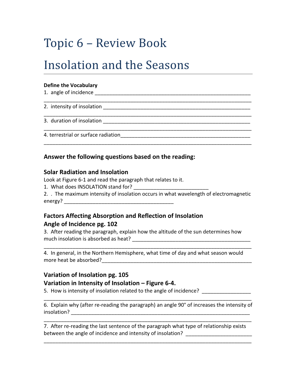 Topic 6 Insolation and the Seasons