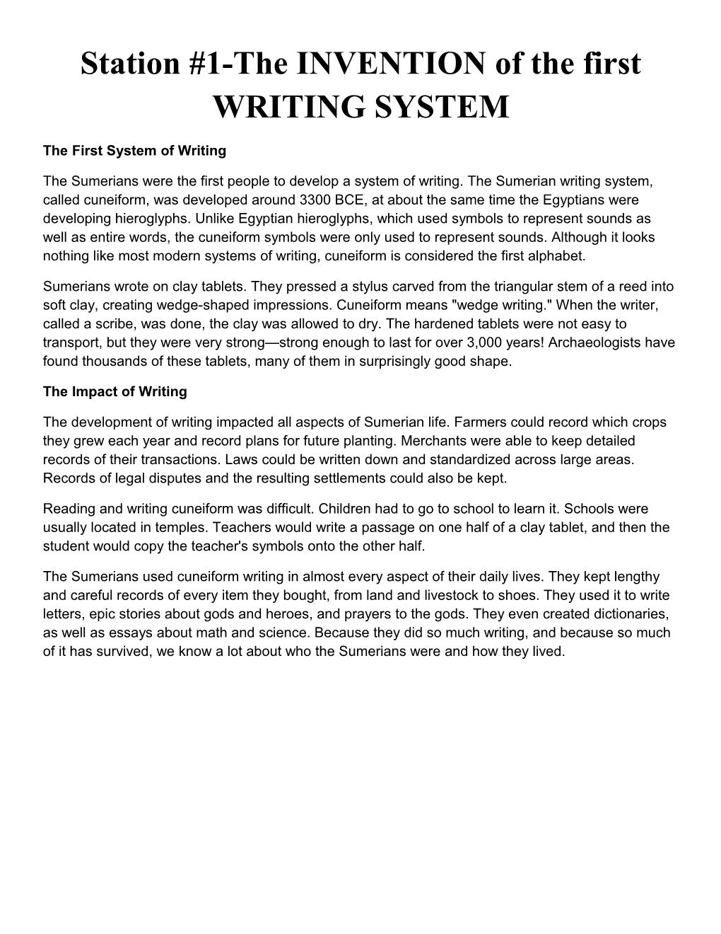 Station #1-The INVENTION of the First WRITING SYSTEM