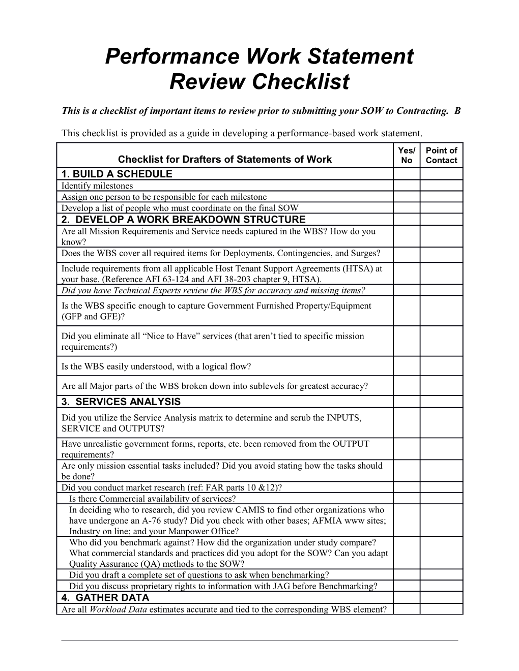 This Is a Checklist of Important Items to Review Prior to Submitting Your SOW to Contracting